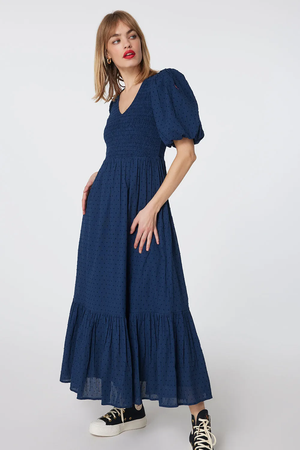 Navy Dobby Self Stripe Shirred Puff Sleeve Maxi Dress