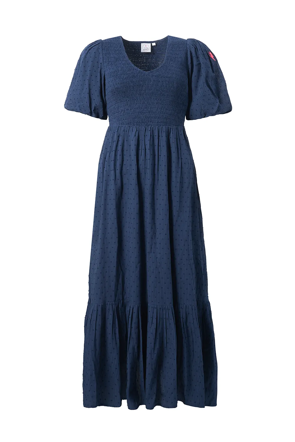 Navy Dobby Self Stripe Shirred Puff Sleeve Maxi Dress