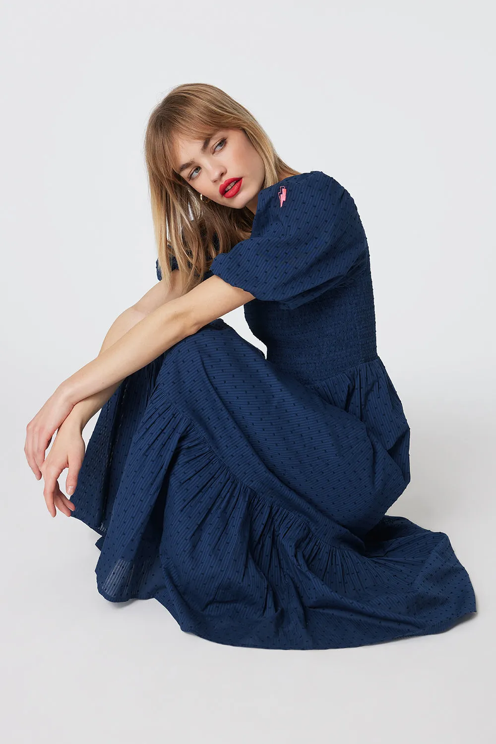 Navy Dobby Self Stripe Shirred Puff Sleeve Maxi Dress