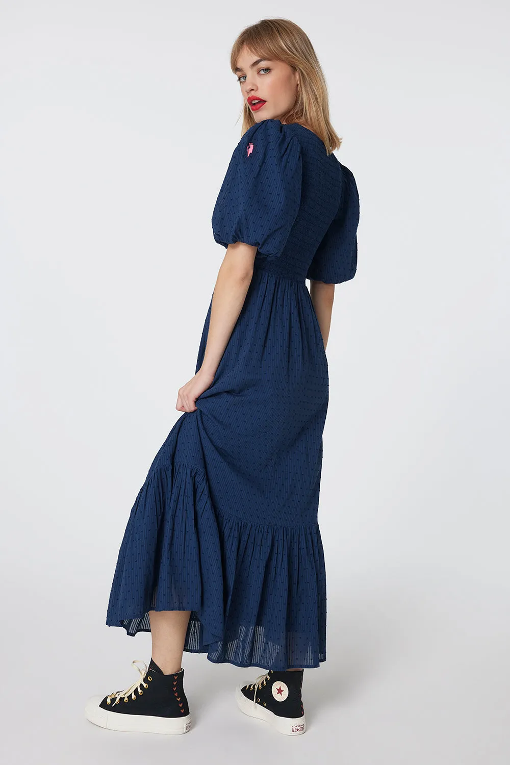 Navy Dobby Self Stripe Shirred Puff Sleeve Maxi Dress