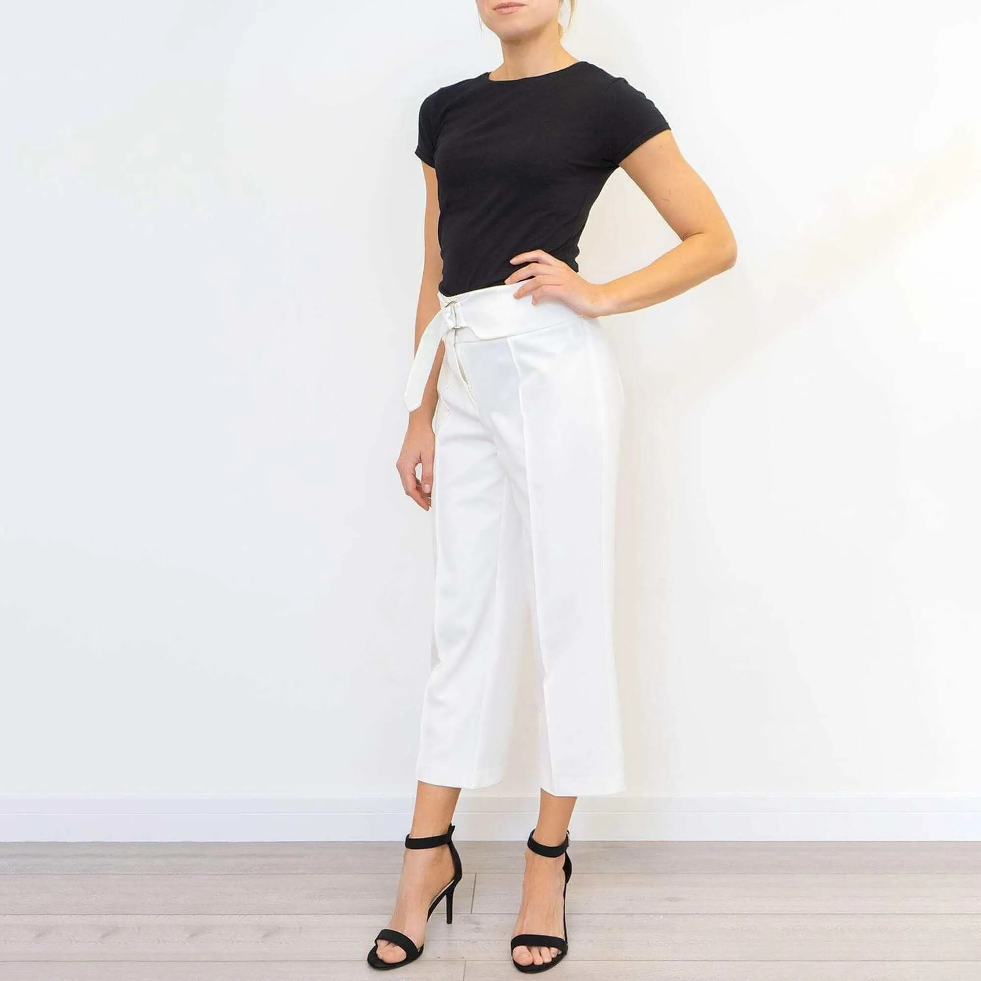 Next Ivory White Crop Belted Wide Leg Tailored Smart Trousers