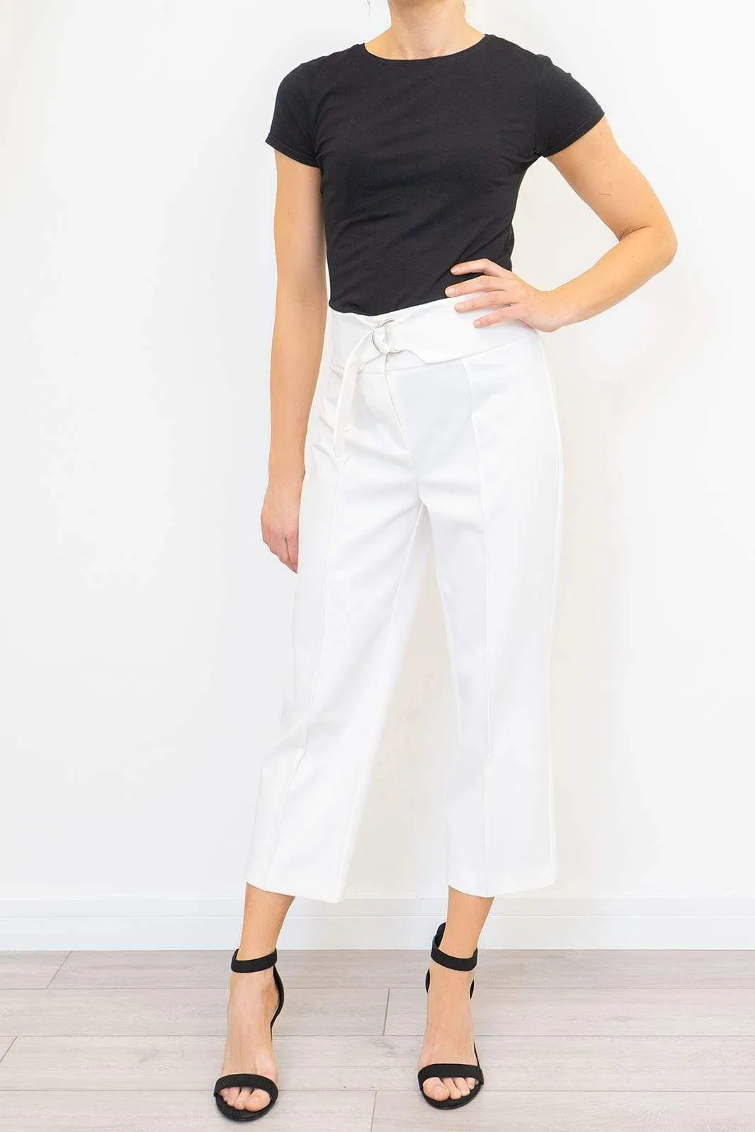 Next Ivory White Crop Belted Wide Leg Tailored Smart Trousers