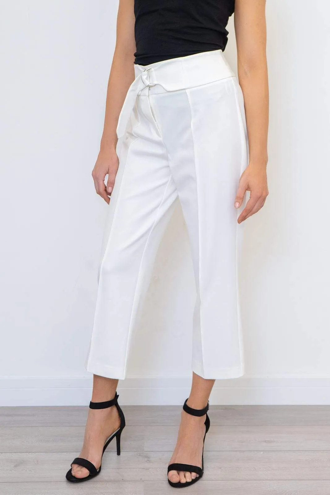 Next Ivory White Crop Belted Wide Leg Tailored Smart Trousers