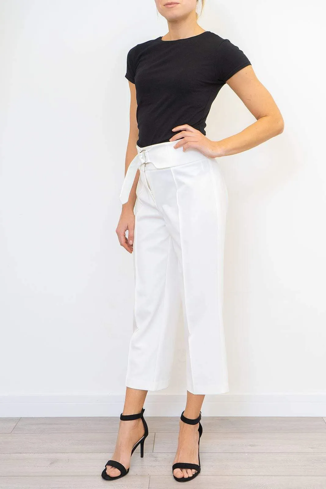 Next Ivory White Crop Belted Wide Leg Tailored Smart Trousers