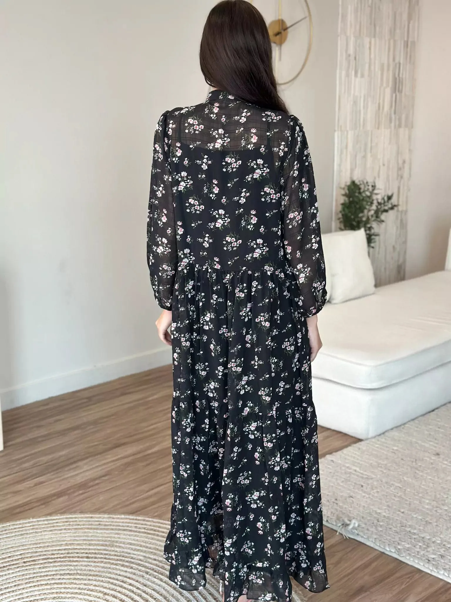 Pansy Black Floral Long Dress