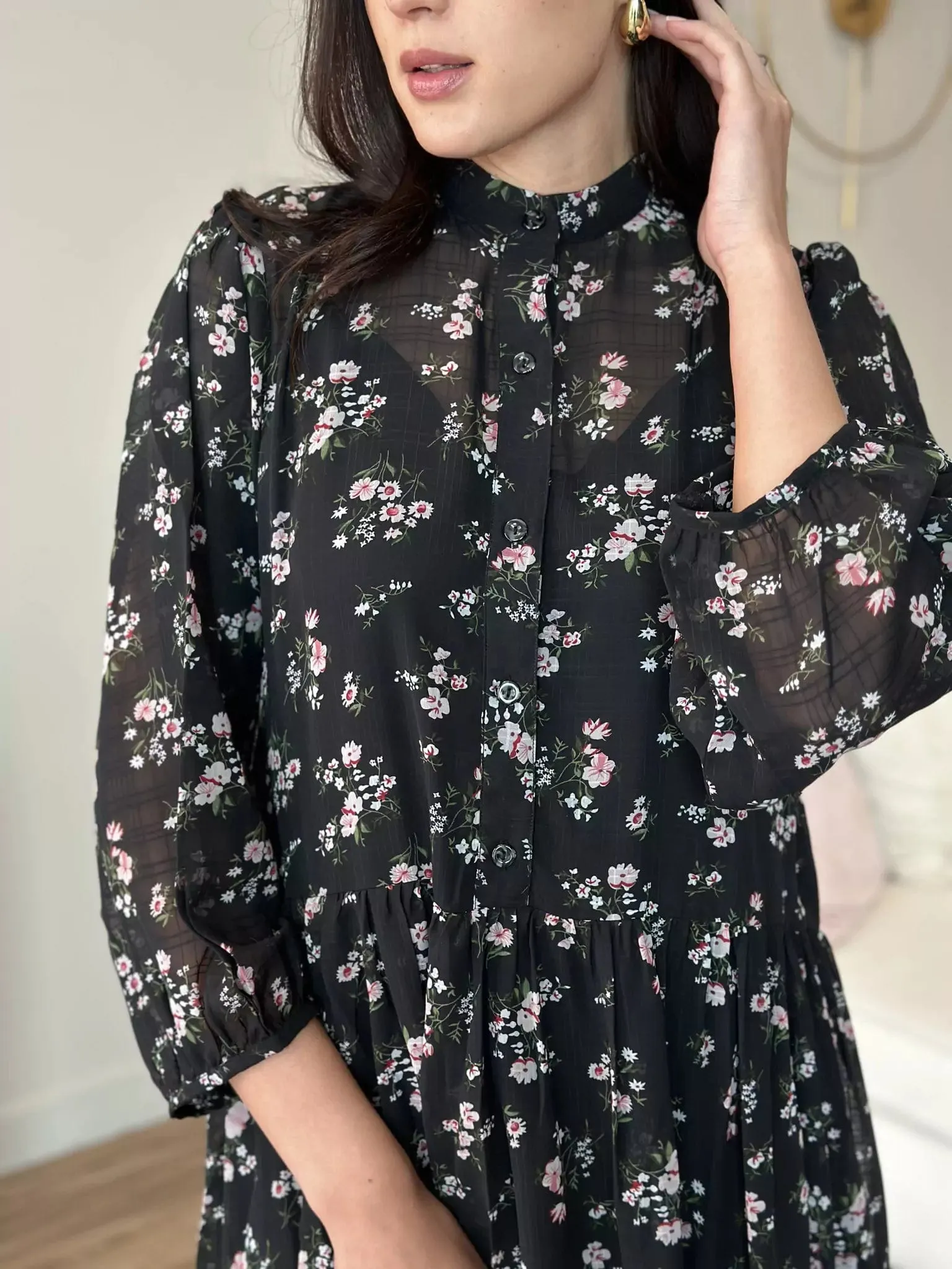 Pansy Black Floral Long Dress