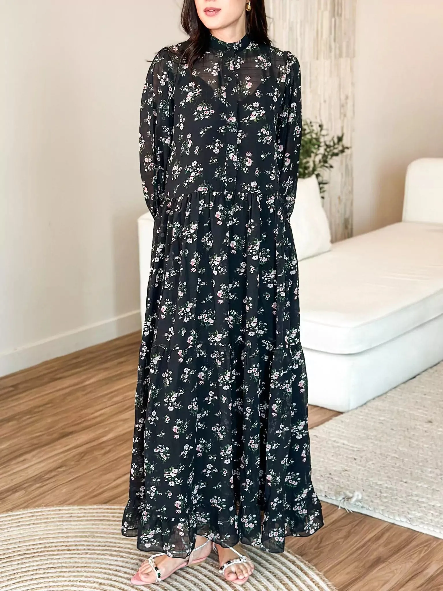 Pansy Black Floral Long Dress