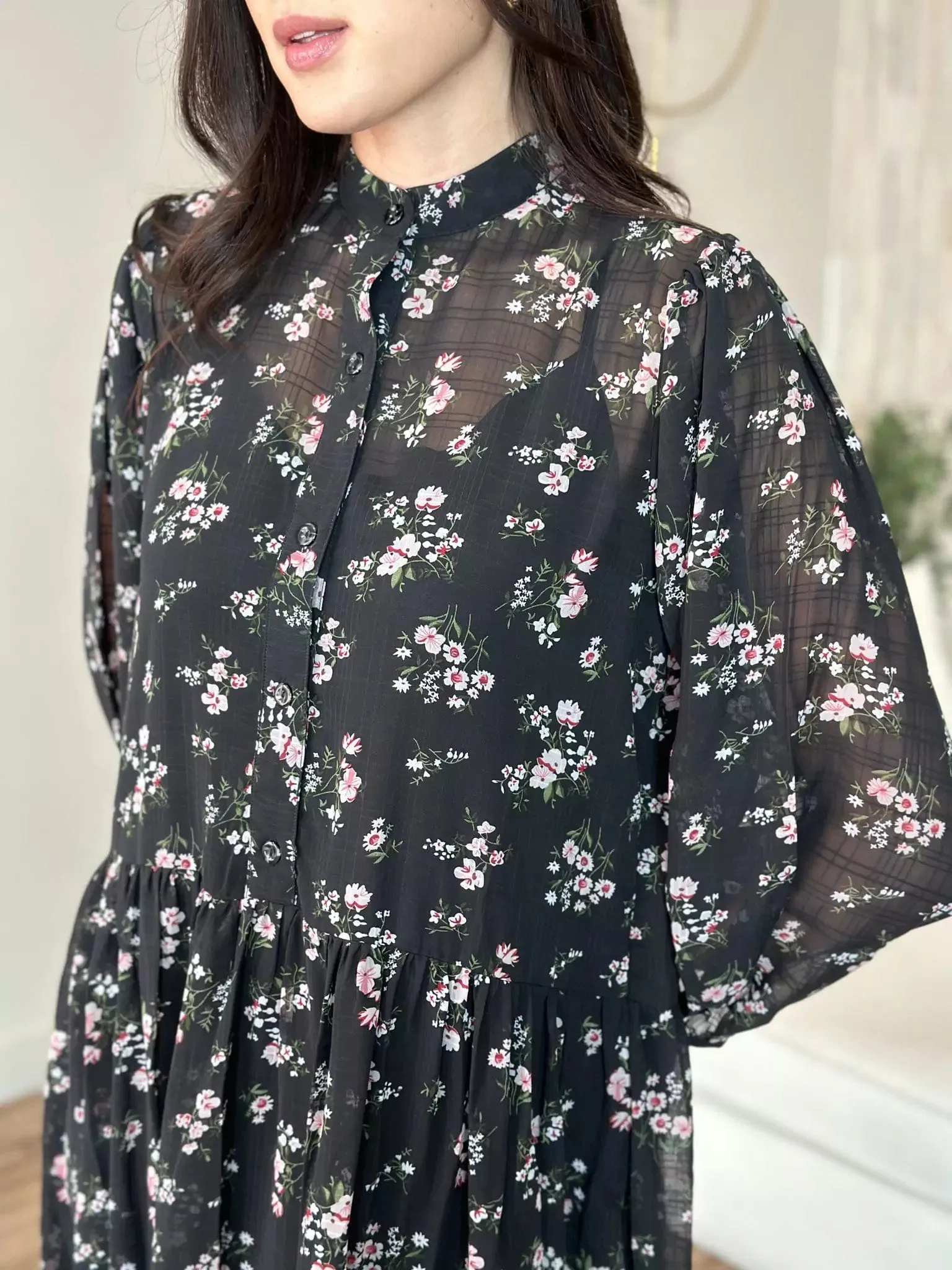 Pansy Black Floral Long Dress