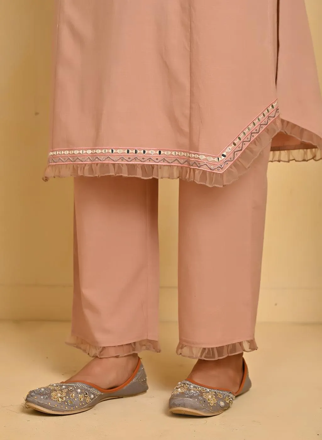 Peach Cotton Kurta Set with Floral Embroidery