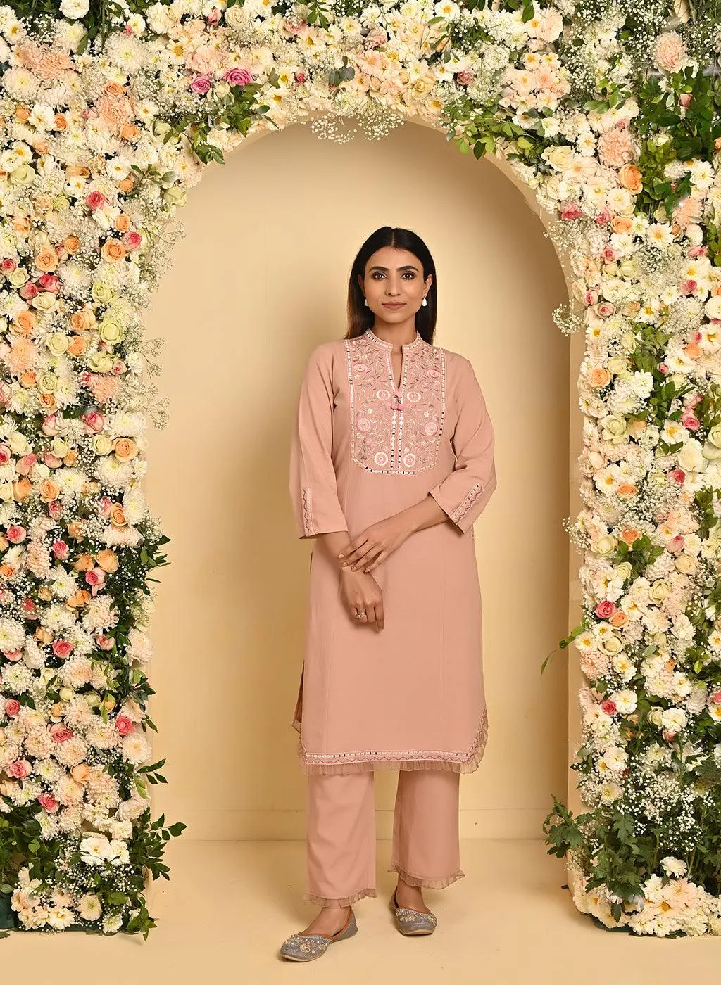 Peach Cotton Kurta Set with Floral Embroidery