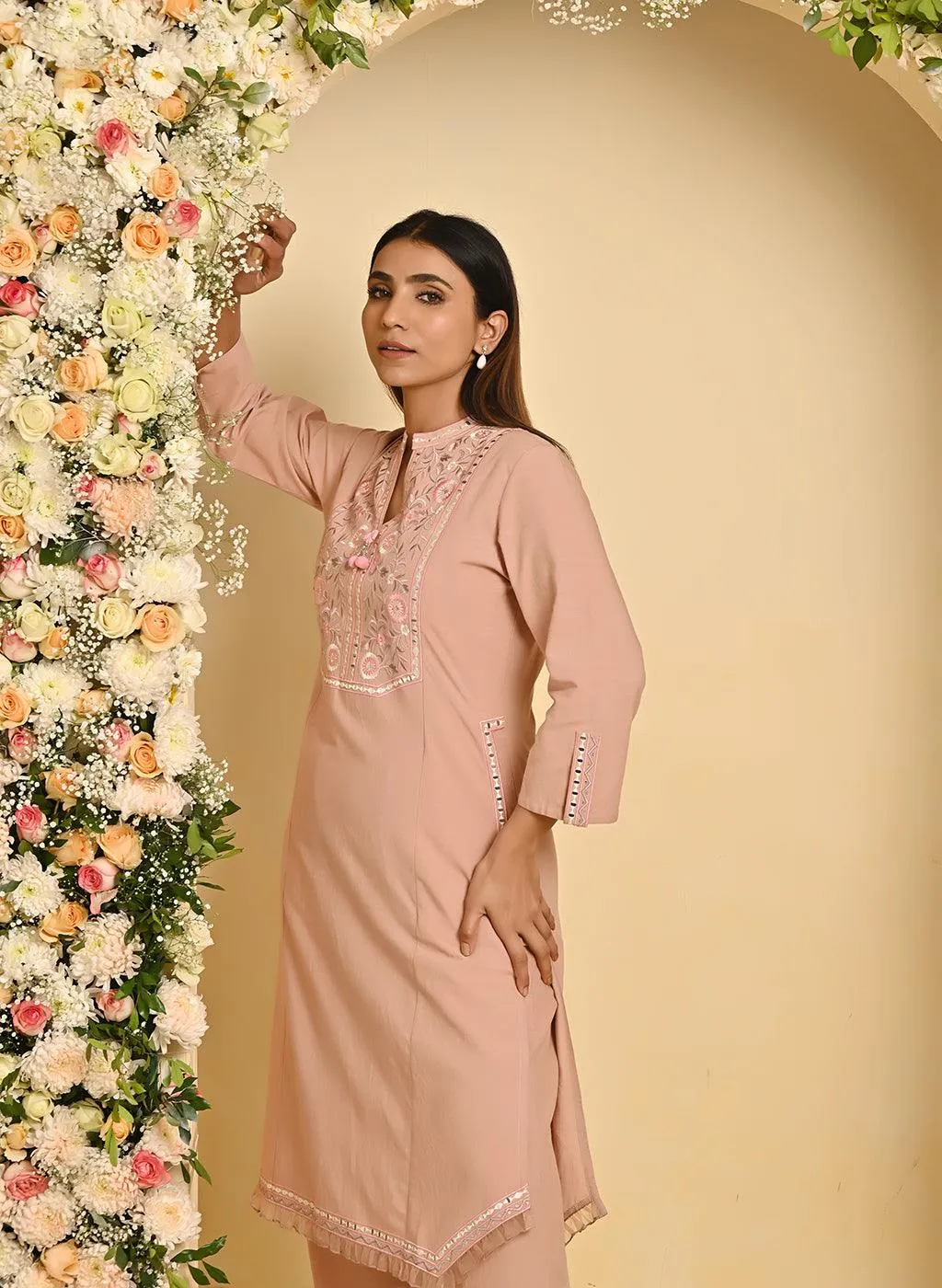 Peach Cotton Kurta Set with Floral Embroidery