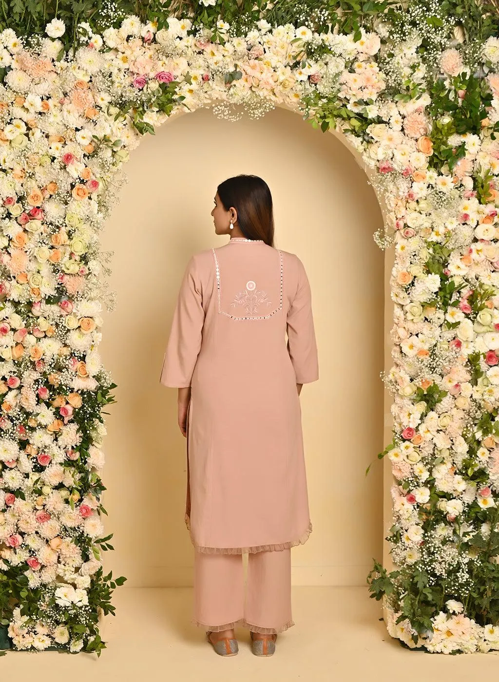 Peach Cotton Kurta Set with Floral Embroidery