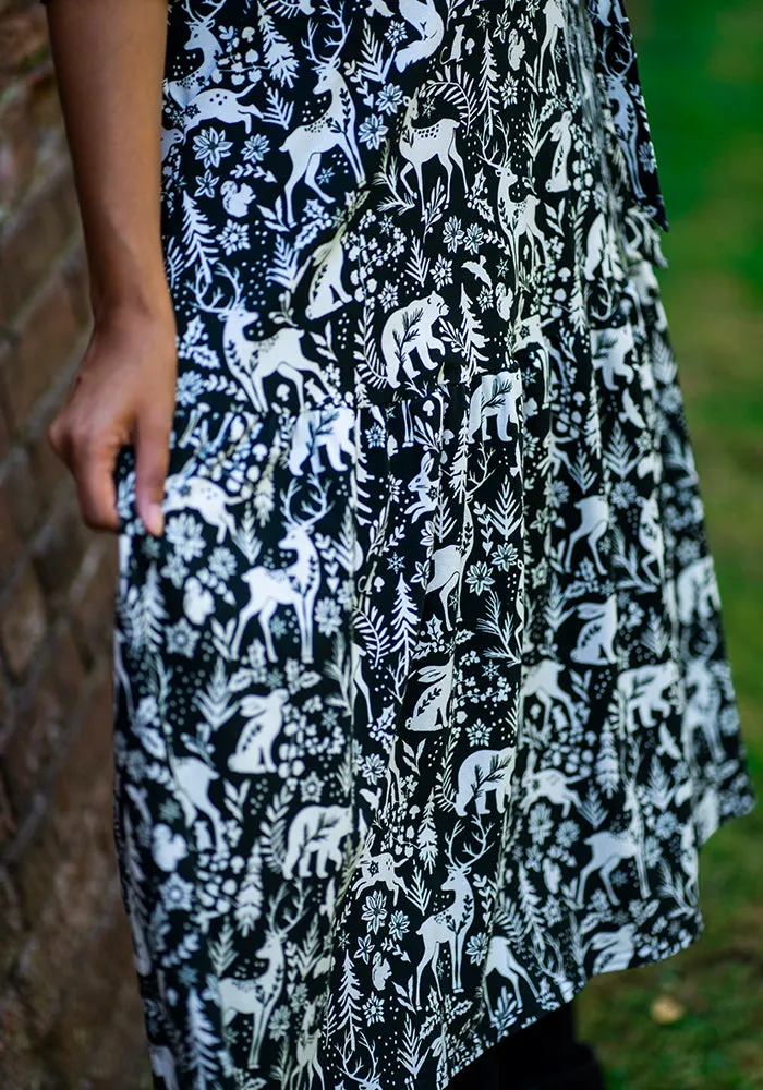 Pecan Green Winter Woodland Print Cotton Tiered Hem Midi Dress