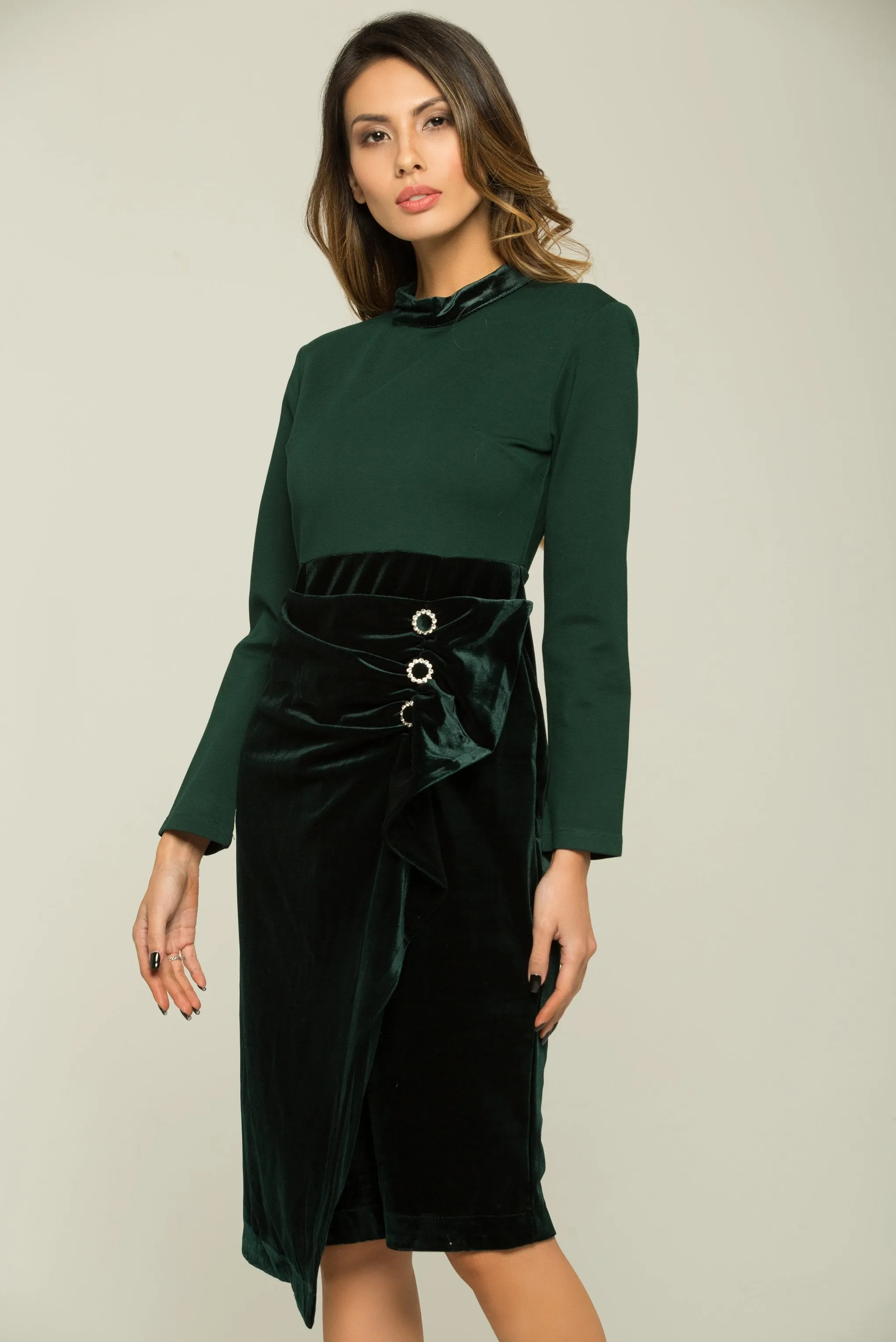 Pine Green Full Sleeves Buttoned Up Dress