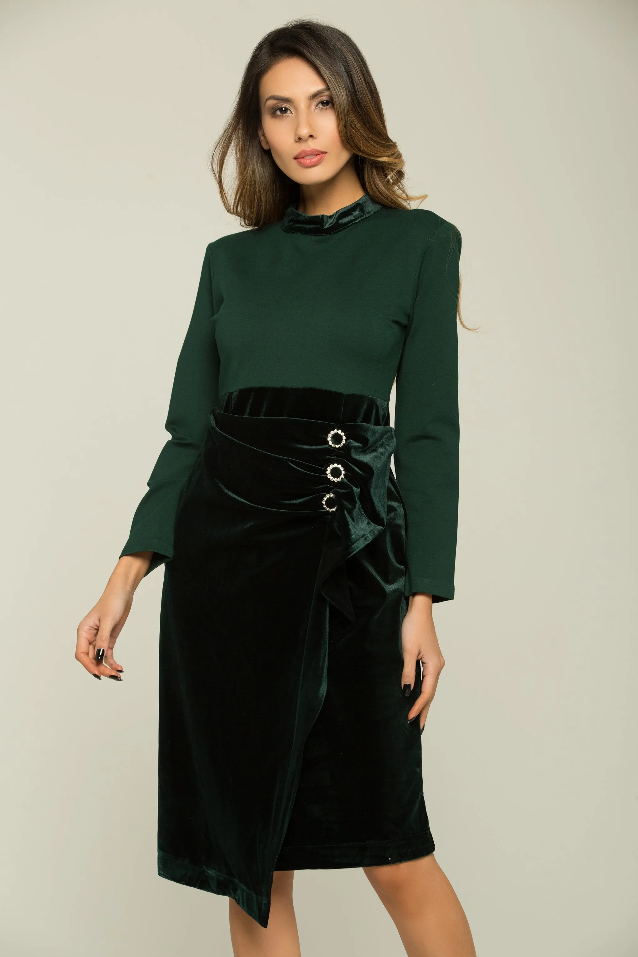 Pine Green Full Sleeves Buttoned Up Dress