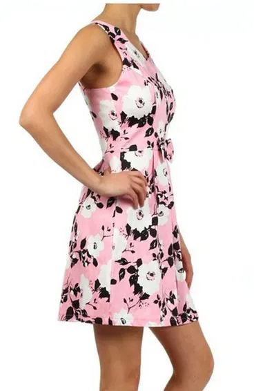 Pink Bow Floral Rose Printed Short A-Line Dress Womens