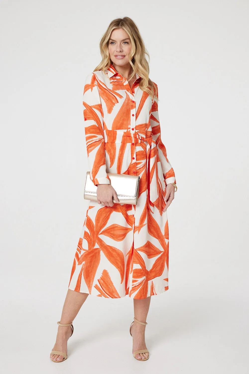 Printed Long Sleeve Midi Shirt Dress