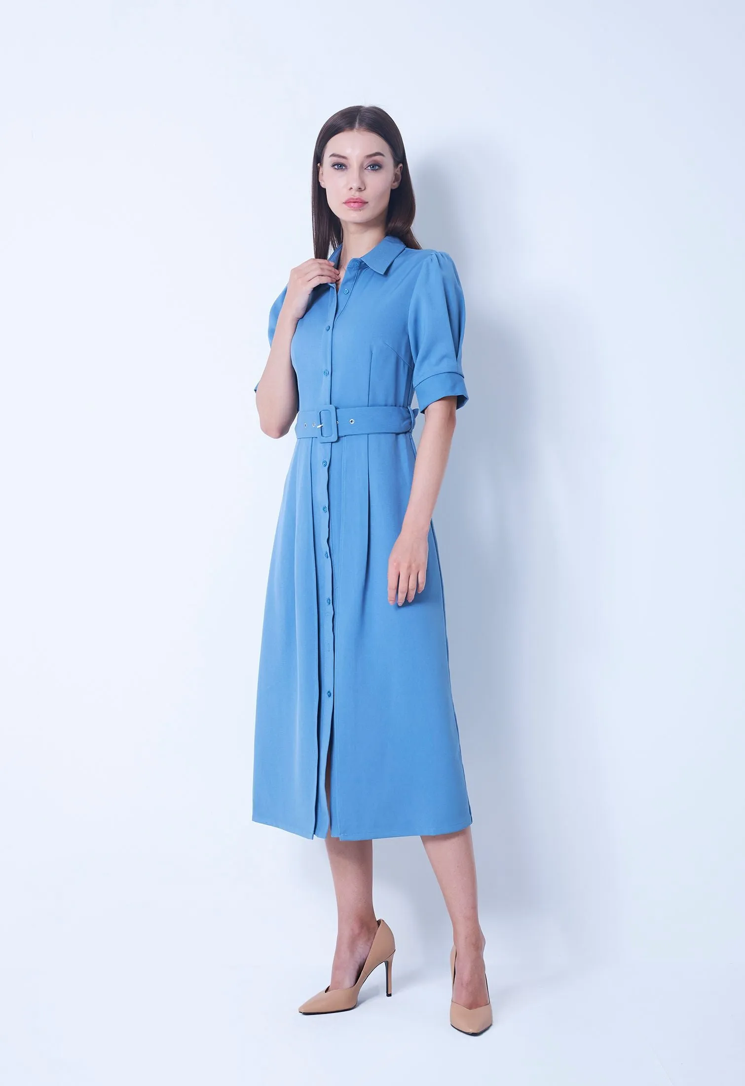 Puff Half Sleeve Belted Dress