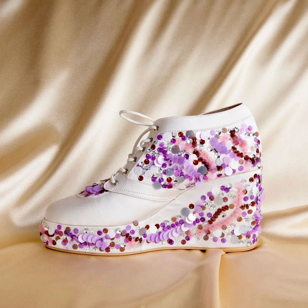 Purple Sequin embroidered Sneaker Wedges | Tiesta