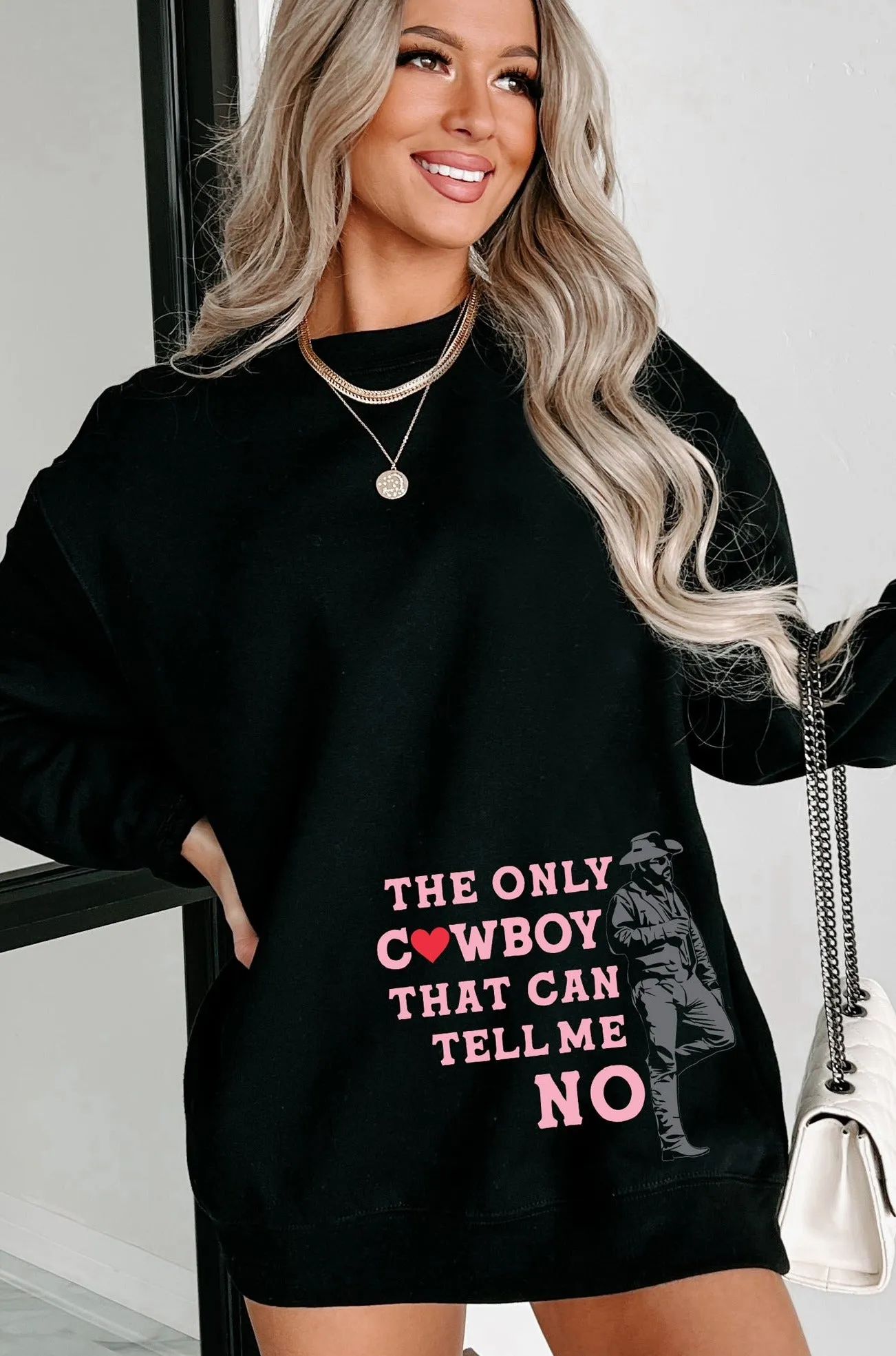 "Only Cowboy That Can Tell Me No" Graphic Crewneck (Black) - Print On Demand