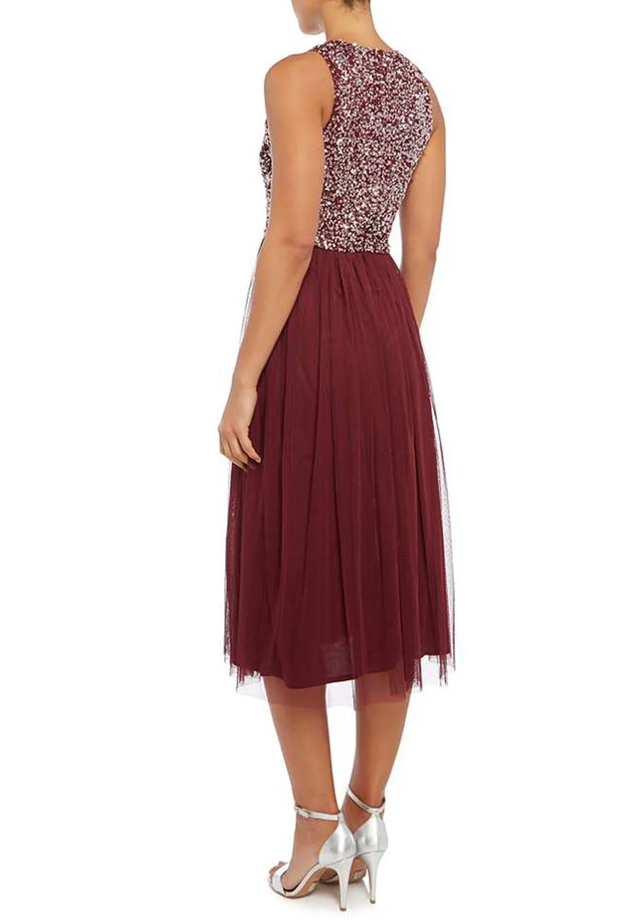 Red Sequins Tulle Midi Dress