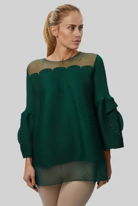 Rose Detail Sleeves Pleated Top In Green