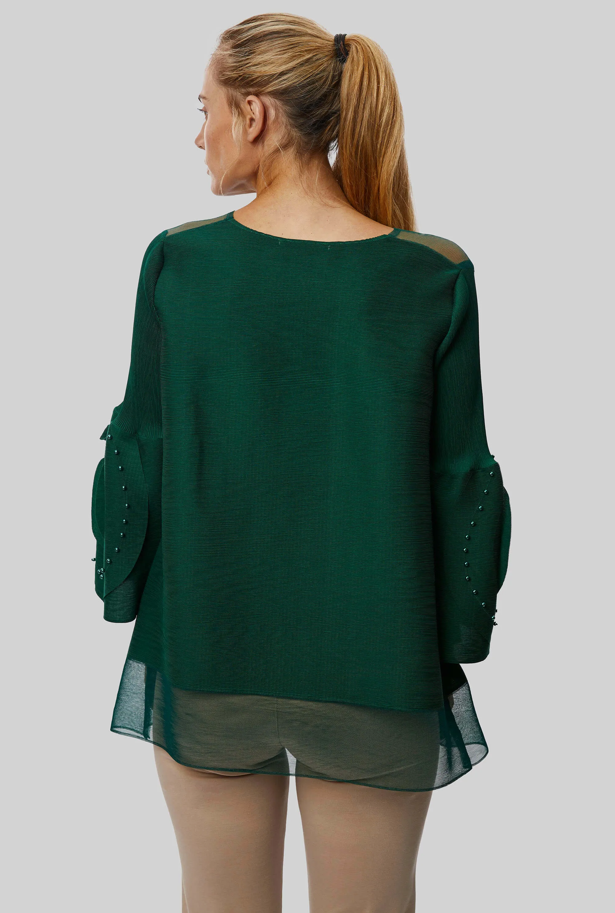 Rose Detail Sleeves Pleated Top In Green