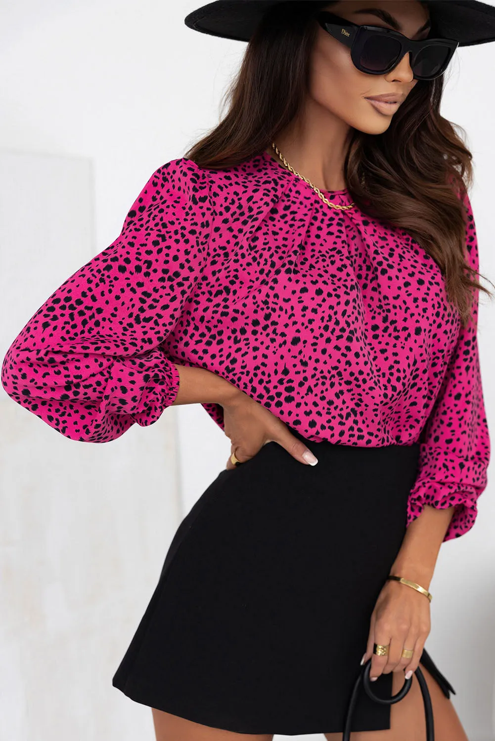 Rose Leopard Print Pleated Blouse with Keyhole