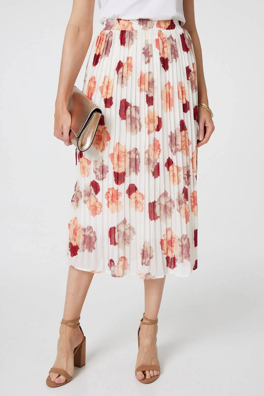 Rose Print Pleated High Waist Midi Skirt