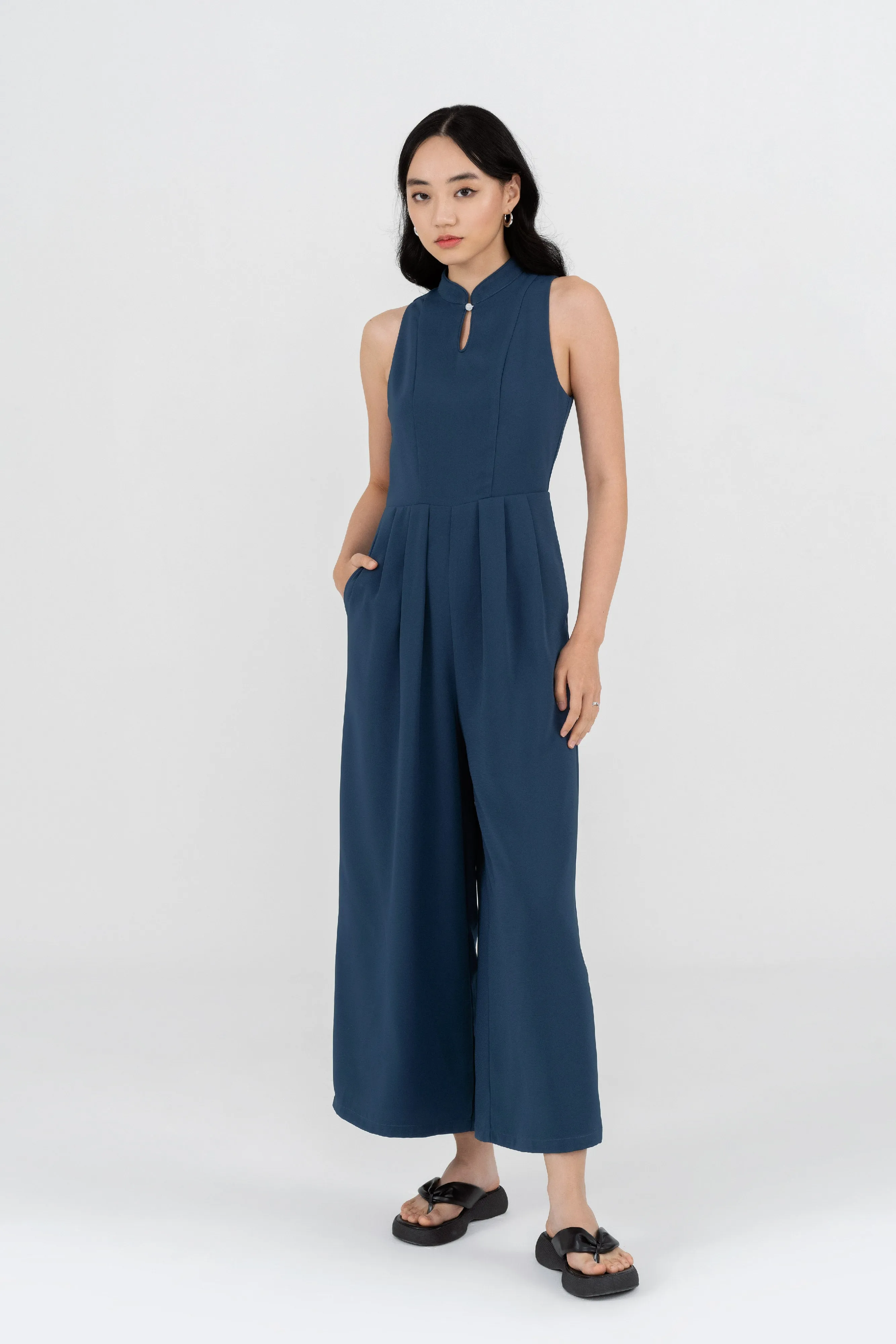 Roxanne Mandarin Collar Jumpsuit in Teal Blue