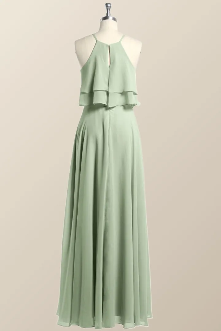 Sage Green Chiffon Ruffles Chiffon Long Bridesmaid Dress