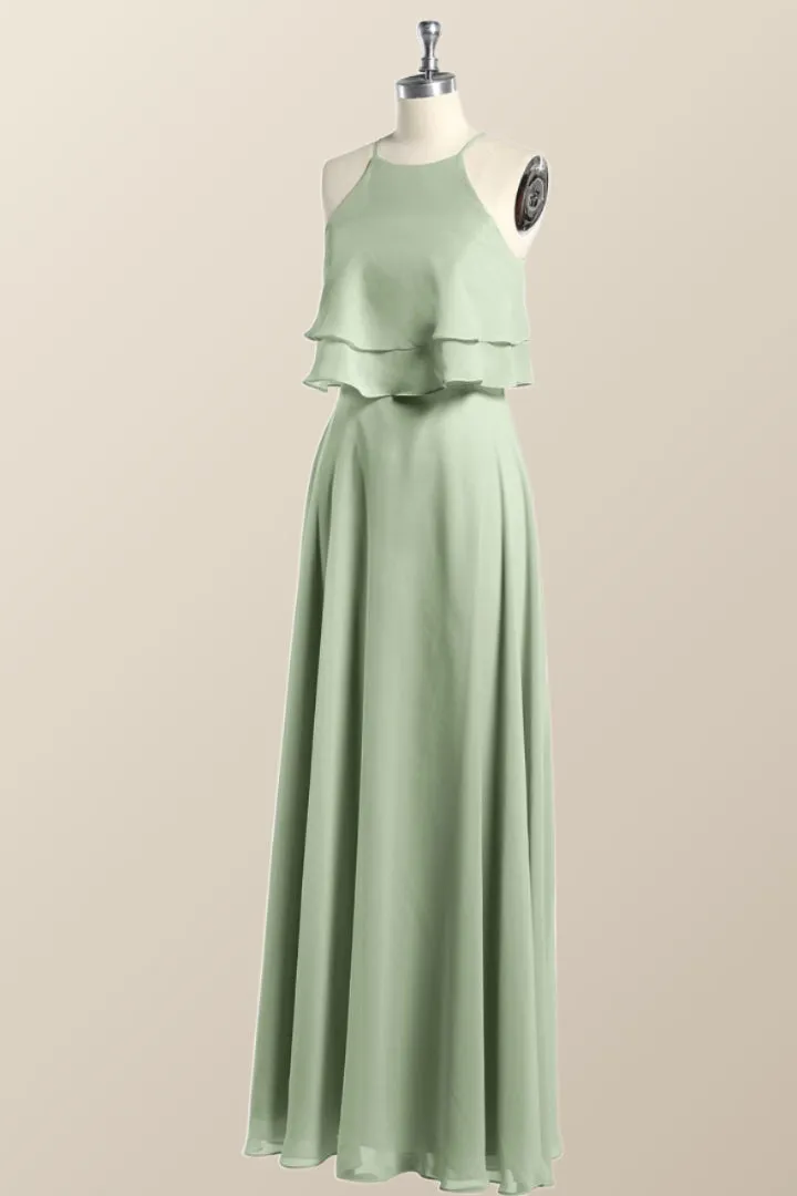 Sage Green Chiffon Ruffles Chiffon Long Bridesmaid Dress