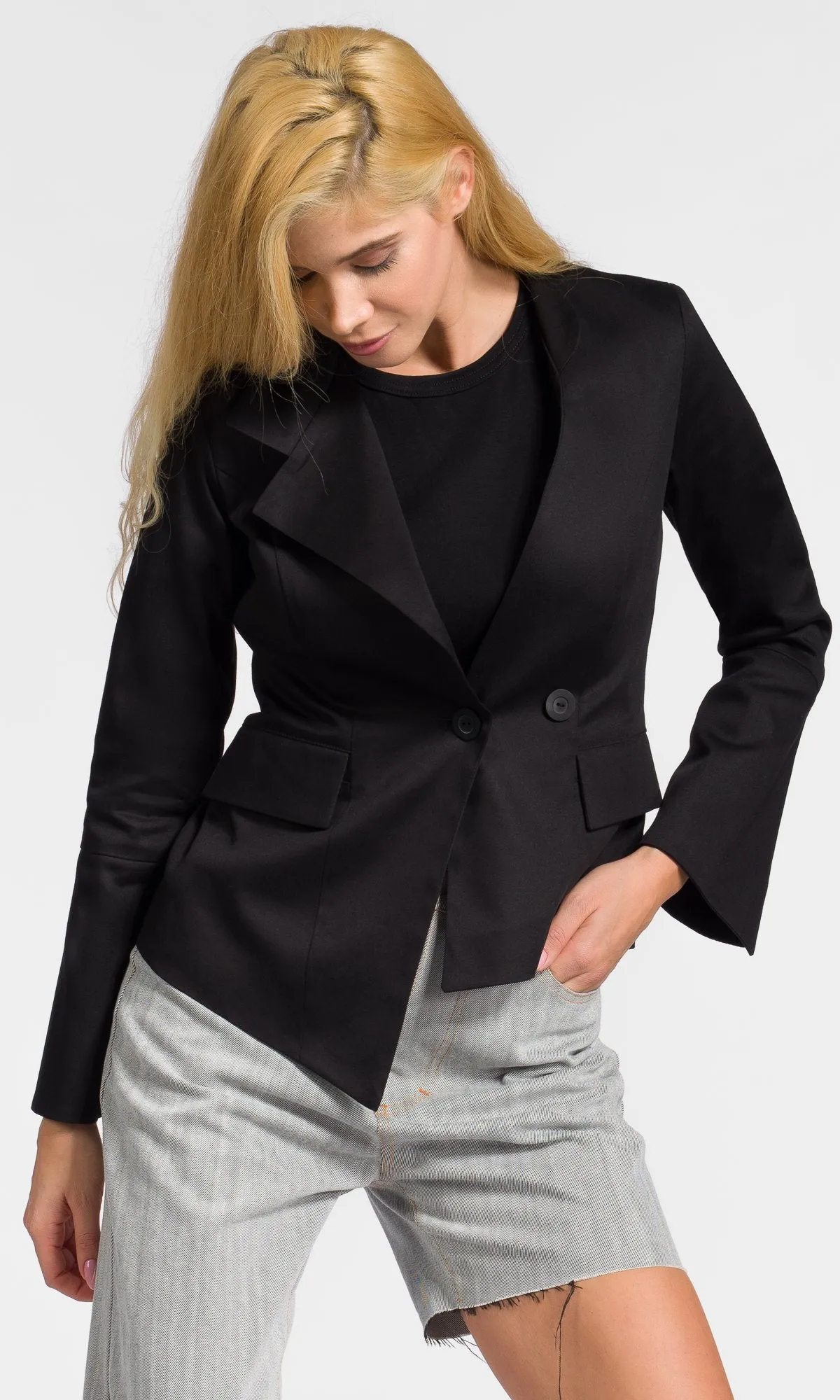 Short Asymmetric Blazer with Flared Sleeves