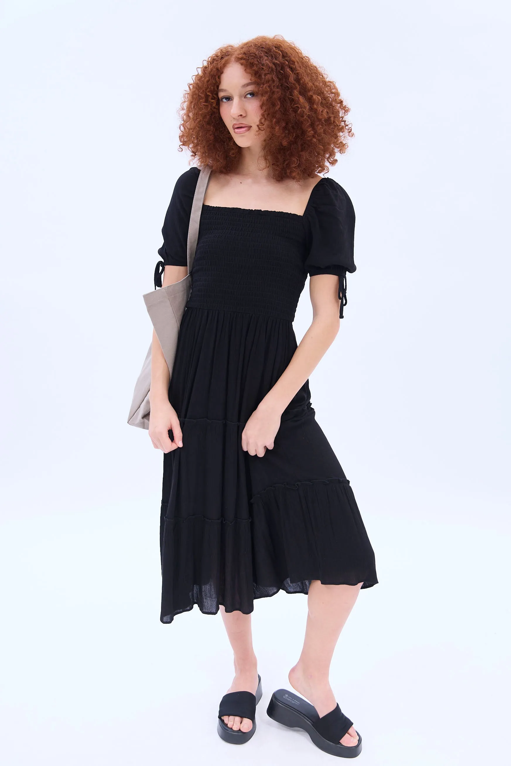 Short Sleeve Smocked Tiered Midi Dress