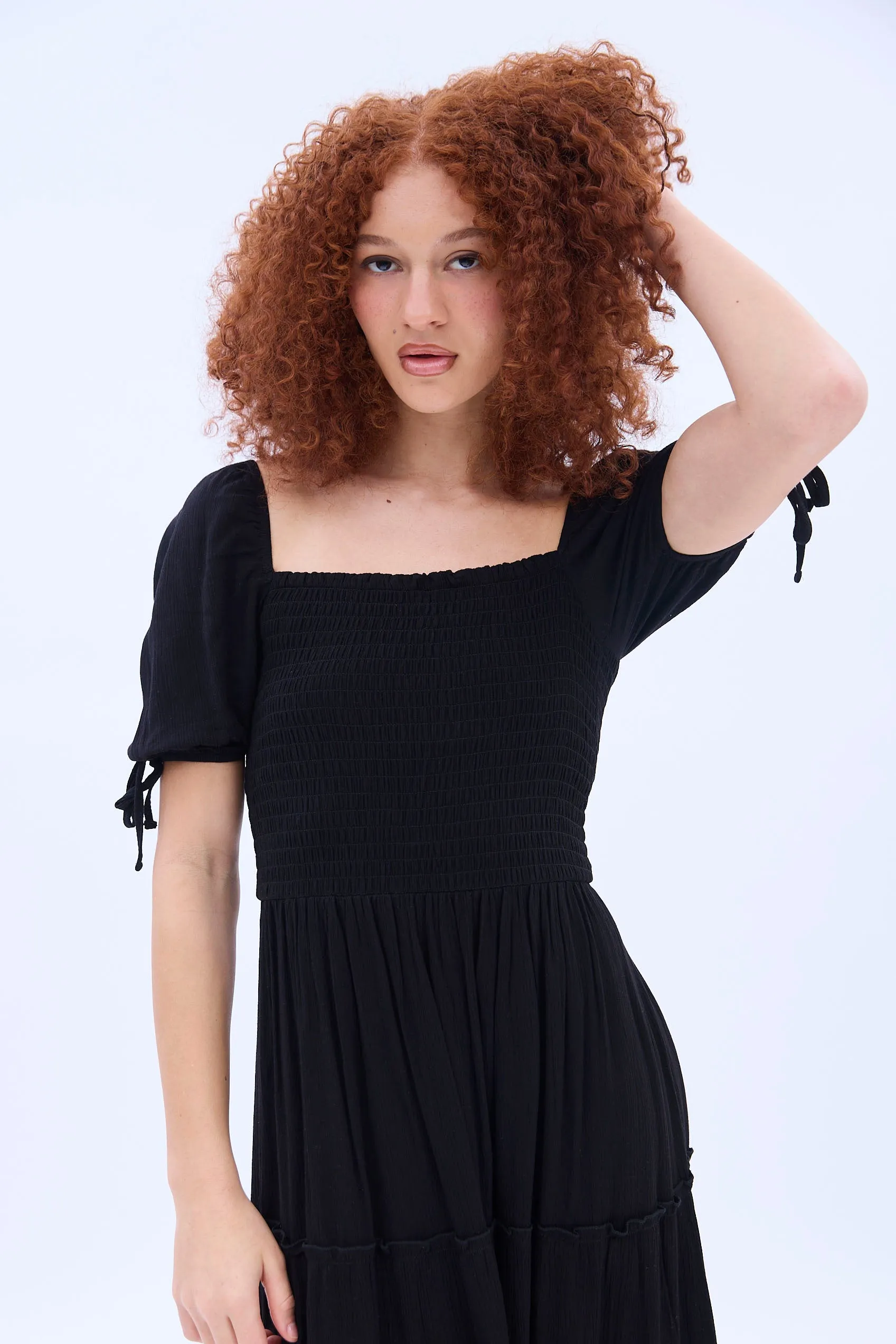 Short Sleeve Smocked Tiered Midi Dress