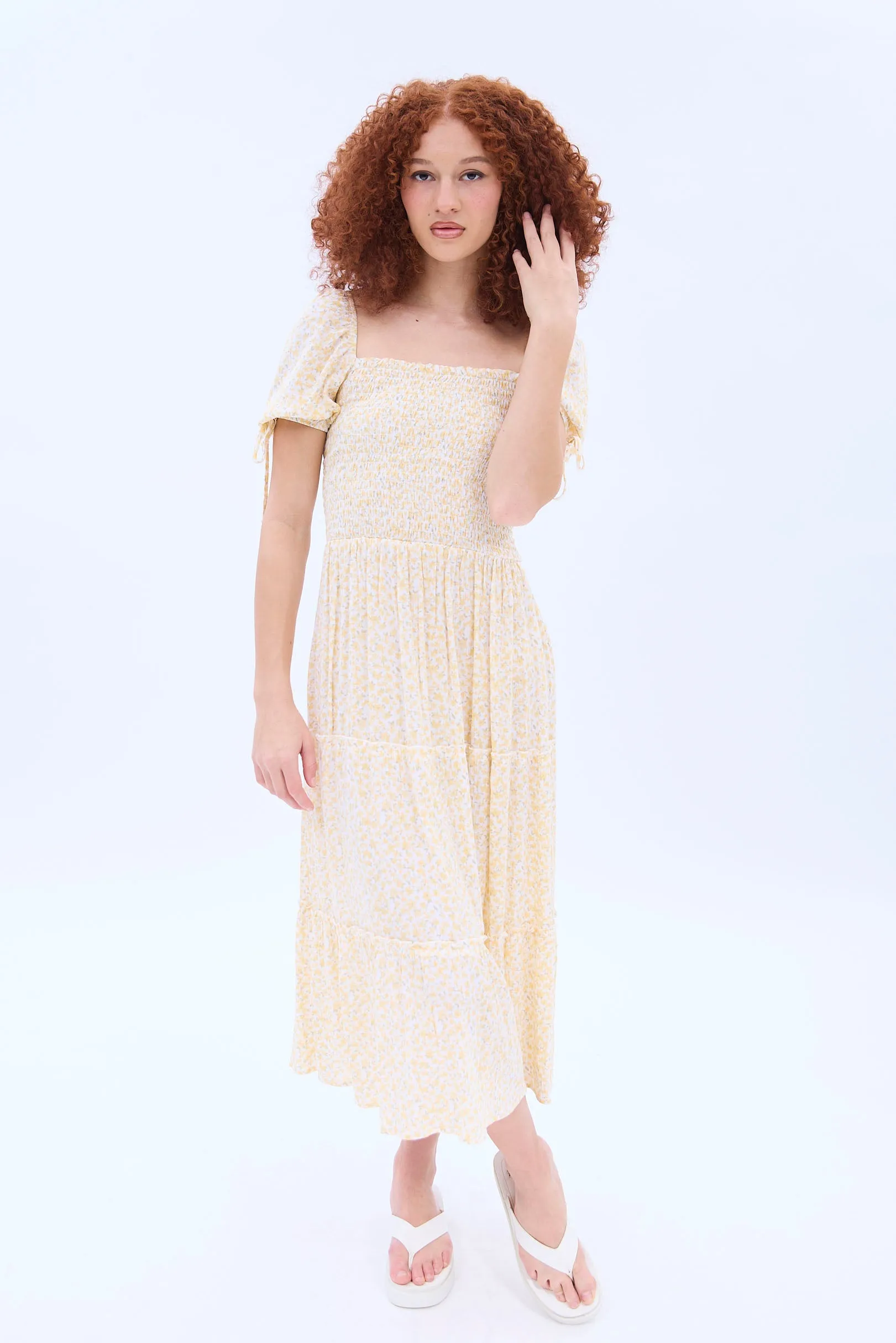 Short Sleeve Smocked Tiered Midi Dress