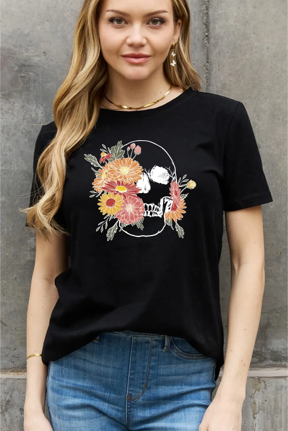 Simply Love Full Size Flower Skull Graphic Cotton Tee