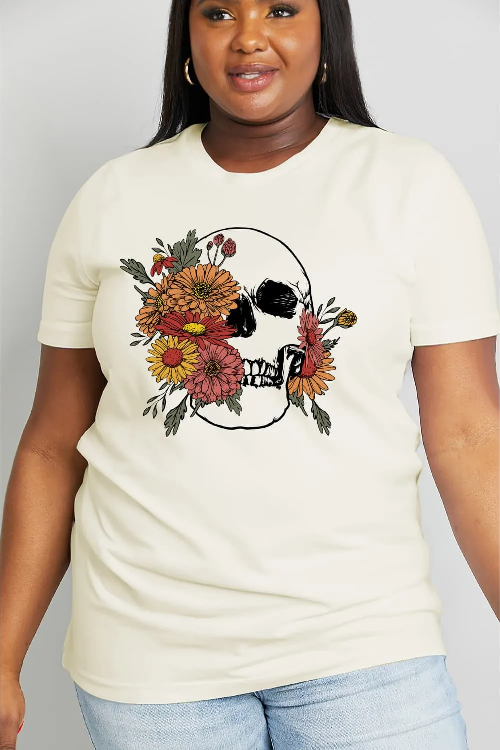 Simply Love Full Size Flower Skull Graphic Cotton Tee