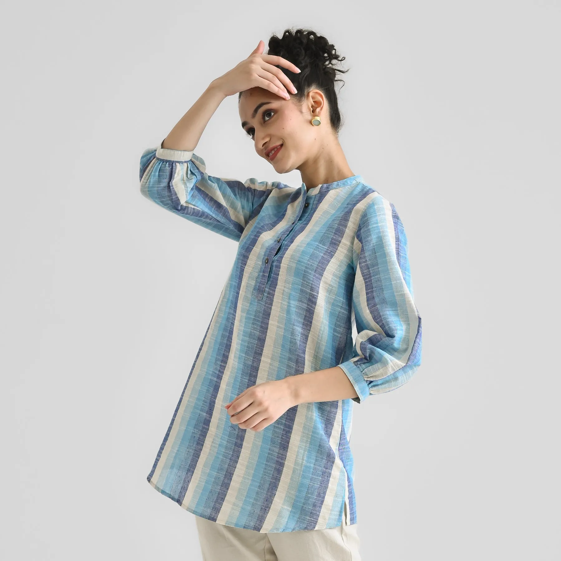 Sky Blue Multicolour Woven Cotton Tunic with Puff Sleeve