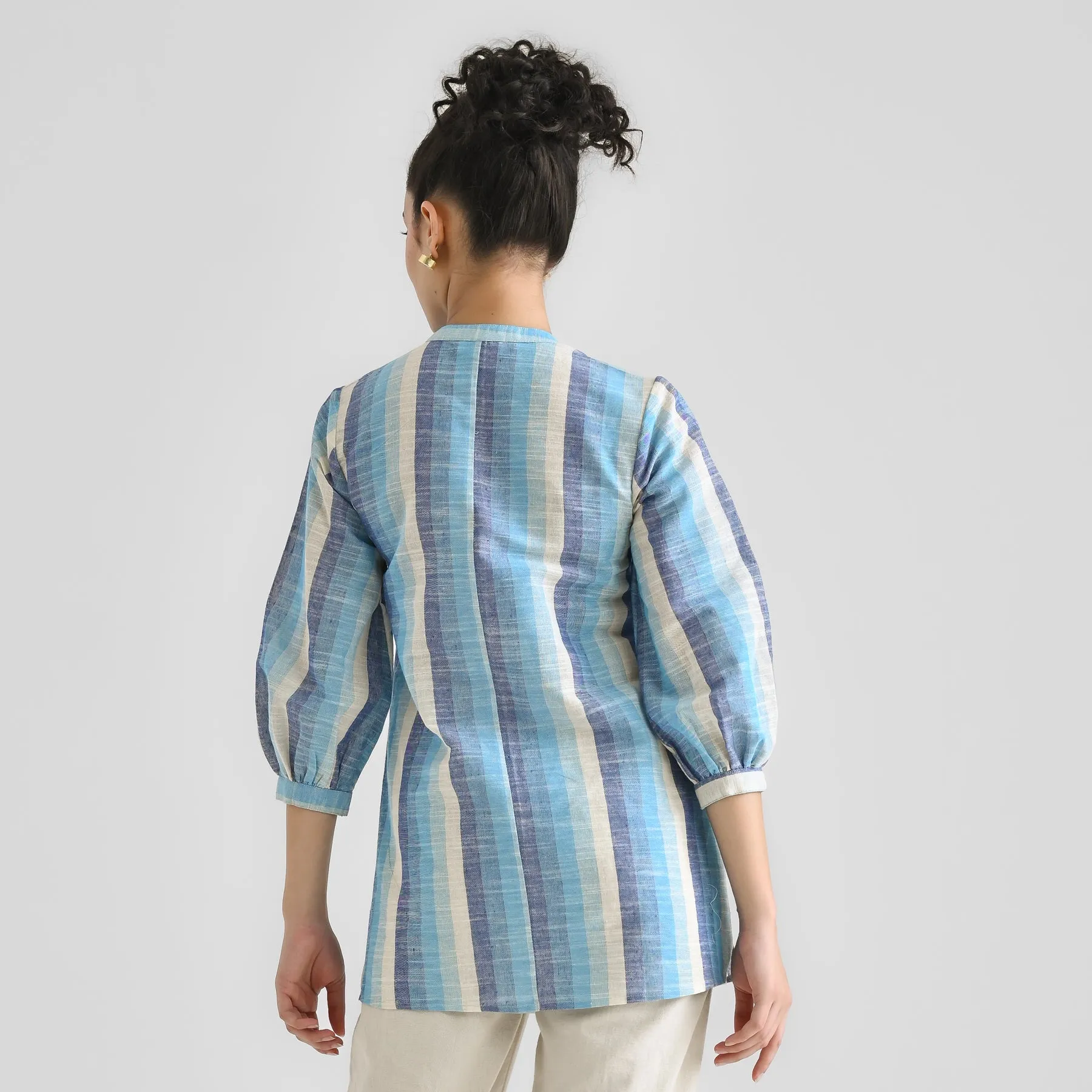 Sky Blue Multicolour Woven Cotton Tunic with Puff Sleeve