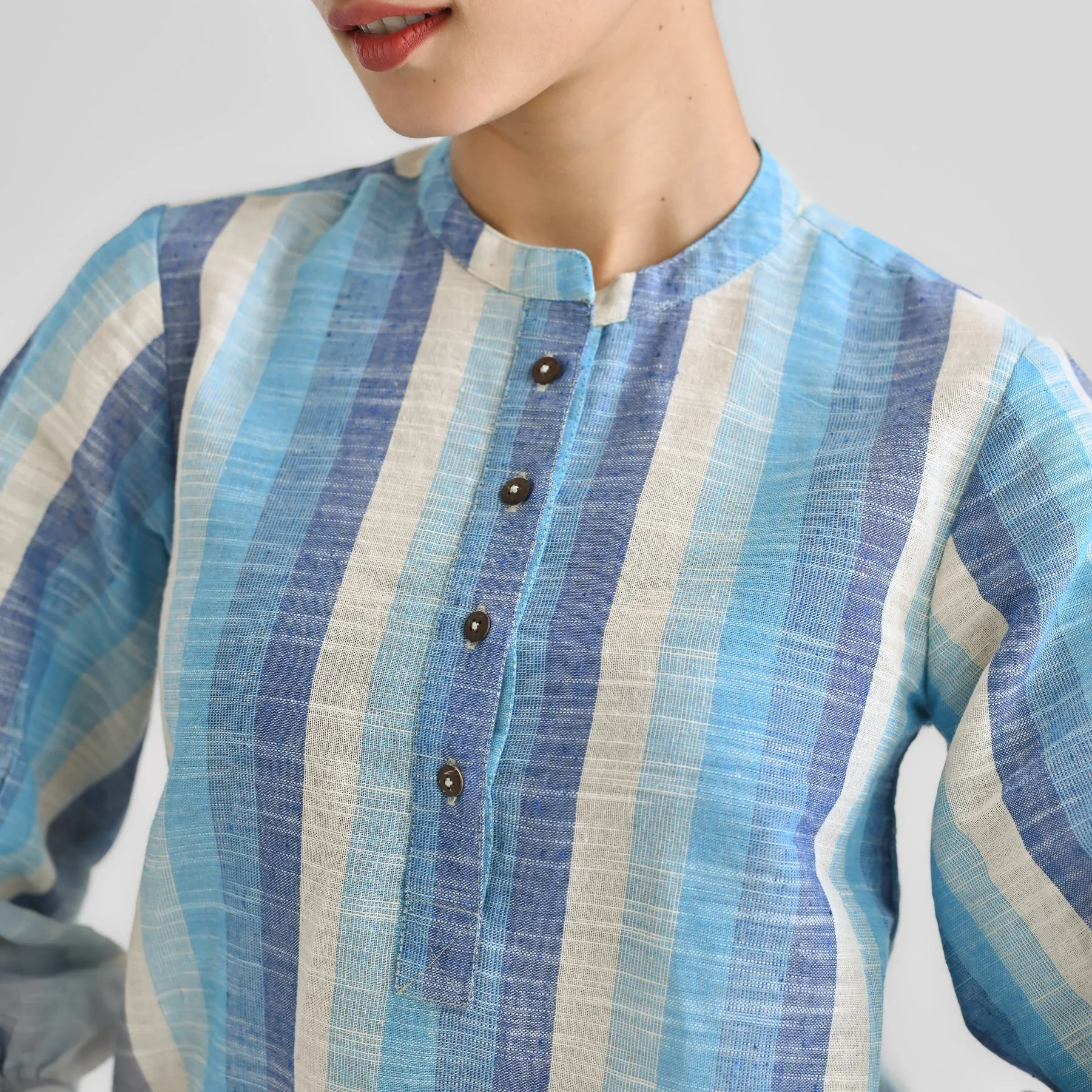 Sky Blue Multicolour Woven Cotton Tunic with Puff Sleeve