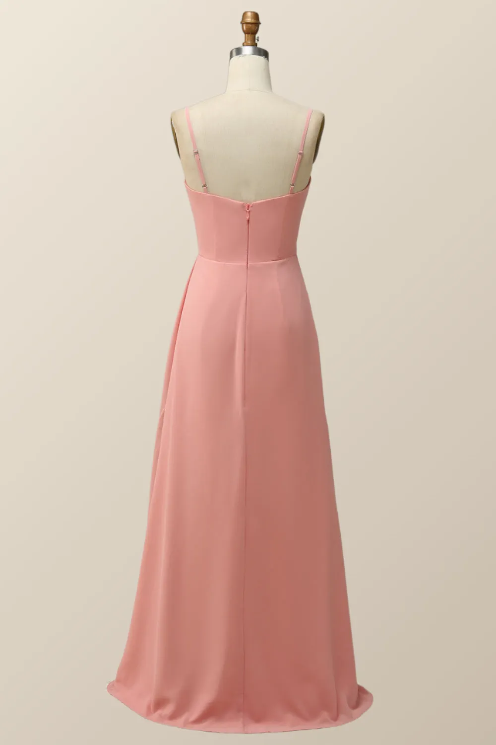 Spaghetti Straps Blush Pink Chiffon A-line Long Bridesmaid Dress