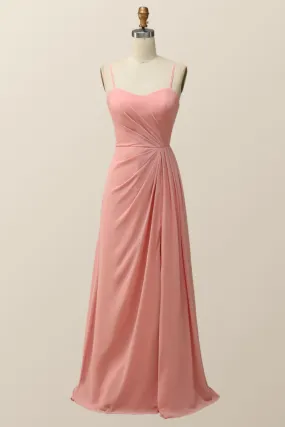 Spaghetti Straps Blush Pink Chiffon A-line Long Bridesmaid Dress