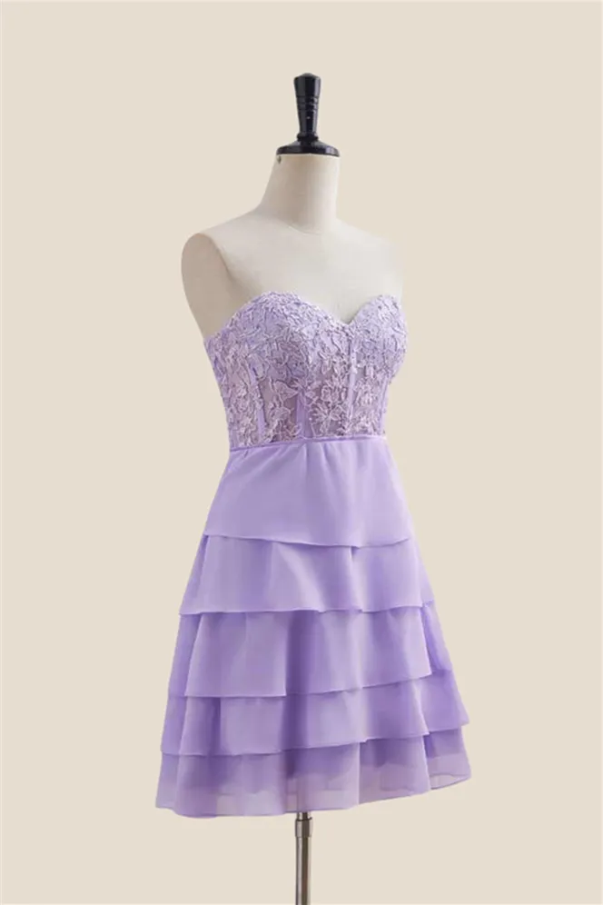 Sweetheart Lavender Appliques Tiered Short Dress