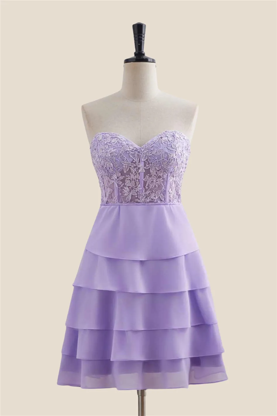 Sweetheart Lavender Appliques Tiered Short Dress