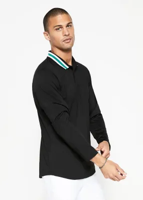 Varsity Striped Collar Polo | Black w/Green Tipping