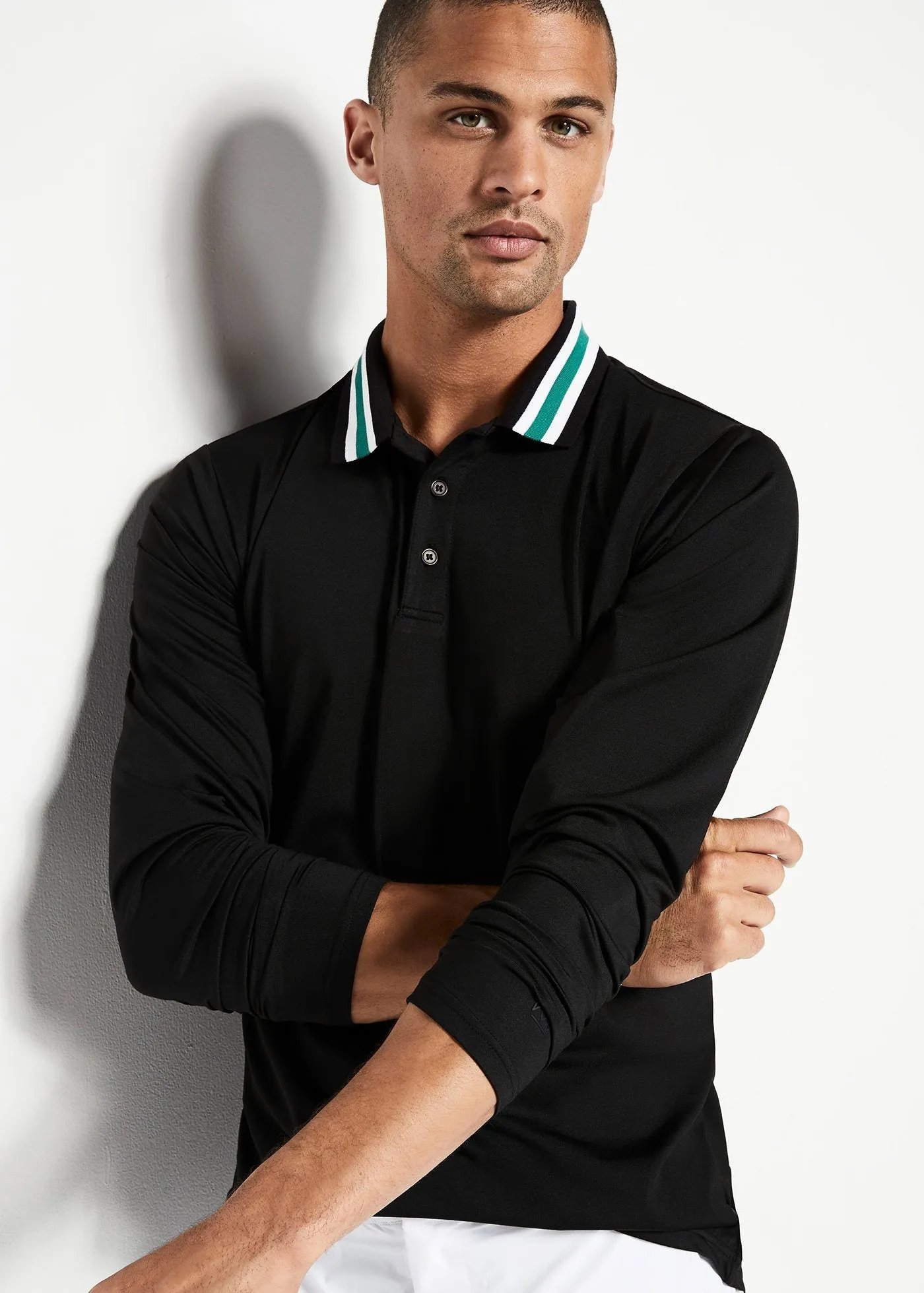 Varsity Striped Collar Polo | Black w/Green Tipping