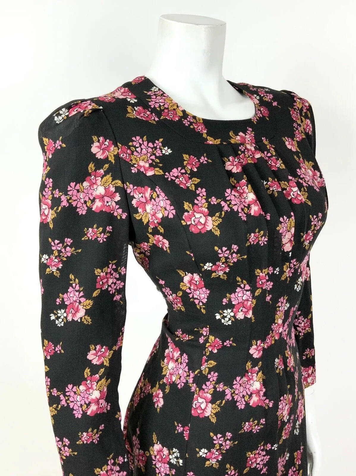 VINTAGE 60s 70s BLACK PINK GOLD FLORAL ROSE PLEATED SHORT DRESS 12 14