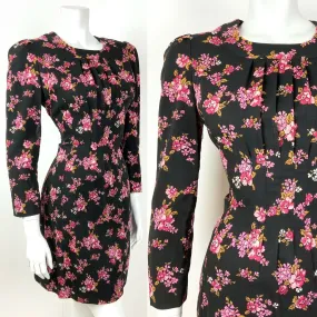 VINTAGE 60s 70s BLACK PINK GOLD FLORAL ROSE PLEATED SHORT DRESS 12 14