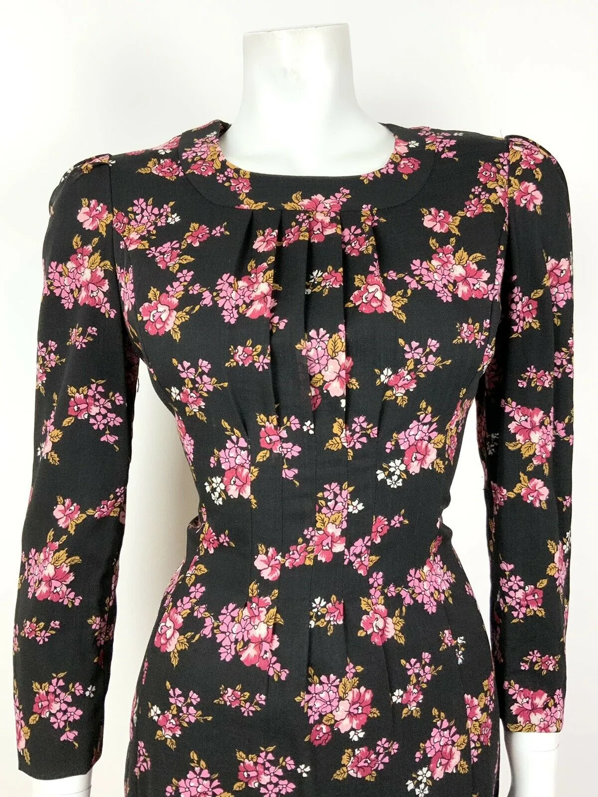 VINTAGE 60s 70s BLACK PINK GOLD FLORAL ROSE PLEATED SHORT DRESS 12 14